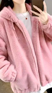 Jaket Bulu wanita Jaket hoodie bulu wanita Jaket musim dingin tebal