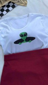 ชุดเซ็ต 2 ชิ้น เสื้อครอบครึ่ง ตัวสกรีนลายนานุ ด้วย เอเชียลเลอร์ กระโปรงทรงเอ