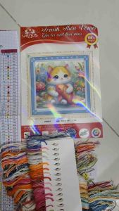 Tranh thêu kín Mèo cá vs8063 kích thước 50 x 50 cm