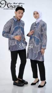 Batik Ananta Batik Couple Pasangan Sarimbitan Atasan Batik Lapis Premium Furing Dan Tricot Kemeja Pria & Tunik Wanita Batik 100% Katun Prima Warna Biru Denim