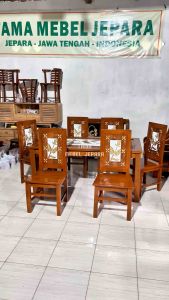 Meja makan jati minimalis ukir dining set kayu motif mebel jepara