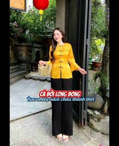 Set bộ bà ba đi lễ chùa mặc tết xinh gồm áo gấm tay áo loe đính nút mây kèm quần tuyết nhung Nữ Top Women