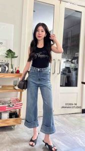 JIRANAN กางเกงยีนส์ขากระบอกปลายขาพับ ยาว35“ ผ้ายืดใส่สบาย code 01269