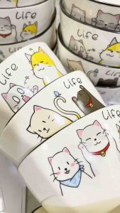 Bộ 4 chén sứ hình mèo Life 11.5x6cm – chén sứ dễ thương chén ăn cơm phong cách Hàn Nhật