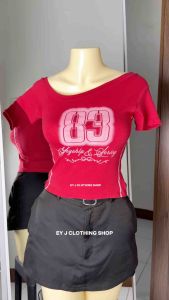 BUY 1 + GET 2 FREE (3PCS) MOMO 83 Y2K One Side Crop Top Off Shoulder Casual Womenswear Fit Blouse Short Sleeve Cotton Spandex