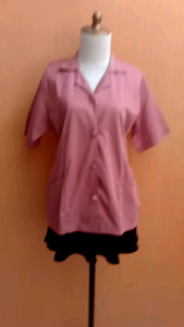 atasan kemeja wanita pink tua L cewek tebal vneck lengan pendek kantong kiri kanan