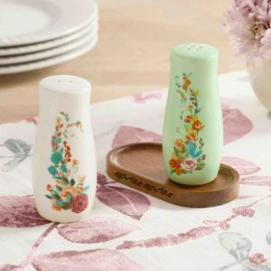 The Pioneer Woman Painted Meadow  Salt & Pepper Shakers with Acacia Wood Tray Set