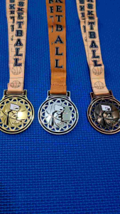Basketball medals 6cm diameter GOALPOST design in gold silver and bronze