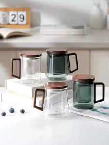 Infuser Cangkir Teh Saringan Kaca Kayu 400ml Tahan Panas | Mug  Borosilikat Gelas Minum Anti Ampas