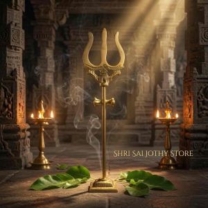 Brass Trishul Soolam with Damaru Stand | Lord Shiva Trident Statue | Hindu Pooja Decor & Altar Accessory