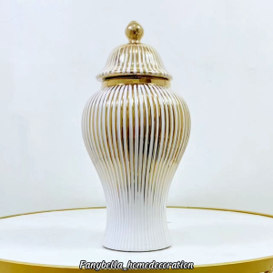 Vas Bunga Keramik Tochin Putih Kuning Emas Gold Ginger Jar  Tochin Dekorasi Rumah