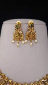 Sg readystock Gold Necklace and Earrings Set with Pearl Dangles and Green Gemstones Indian minimalist jewellery
