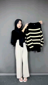 Jisoo Sweater Rajut Oversize Motif Salur Knitwear Wanita