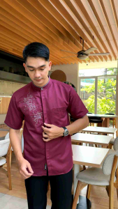 Baju Koko Best Seller Warna Burgundy Bordir Dewasa Pakaian Muslim Pria Lengan Pendek Bahan Toyobo Premium