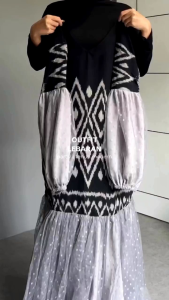 Baju Couple Tenun Gamis Rayya Hitam Kombinasi Tile Dress Pasangan Kondangan Kemeja Lengan panjang