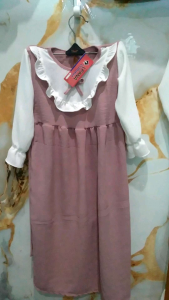 Gamis Anak Remaja Linen Lelupan Motif Renda dengan Kerah Besar - Warna Cinnamon/Hijau Muda/Red - Usia 4-9 Tahun