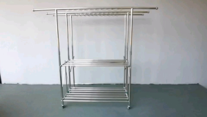 ผ้าราวตา 3 ชั้น 2 แถว สวยงาม ราวตากผ้าสแตนเลสพับ ราวแขวนเสื้อผ้า รักษาความสูง 3 ระดับ ท่อบนยืดหด