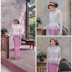 Sira Siri ชุดไทยรุ่นคุณชาล็อต เสื้อลูกไม้ฝรั่งเศส ทรงร.5 แขนยาว แมทช์กับผ้าถุงสำเร็จรูปทอลายกวินตรา สีชมพู ใส่สบายไม่คัน งานตัดเย็บละเอียดทั้งชุดจ้า