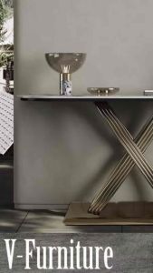 Kệ đứng bàn console trang trí phòng khách cạnh cửa nhà mặt đá chữ nhật chân kim loại kiểu chữ X ống tròn BC-25