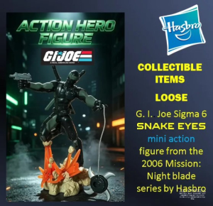 Hasbro G.I. Joe Sigma 6 Snake Eyes mini action figure from Mission: Night Blade series. Collectible items loose. Action Hero Figure. Black tactical suit weapon dynamic pose urban background.