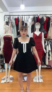 Đầm Nhung Big size cổ vuông tay bồng nơ ngực chán váy A. Váy Nhung thường mặc đẹp