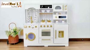 JewelRaes Wooden Jasmine Kitchen with Spinning Washing Machine Working Faucet Real Water Dispenser and Complete Accessories Playset for Kids