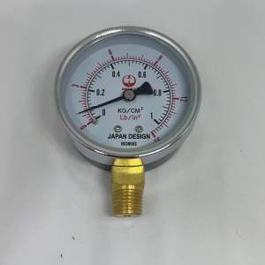 Pressure gauge เกจวัดแรงดัน 1 kg/cm2 หรือ 15 psi หน้าปัดขนาด 2.5 นิ้ว เกลียว 1/4 นิ้ว BSPT Buttom connection ยี่ห้อ OKURA มีความเที่ยงตรงแม่นยำ