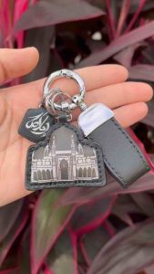 KL Islamic Leather Keychain with Arabic Calligraphy & Mosque Pendant Sheepskin Keychain