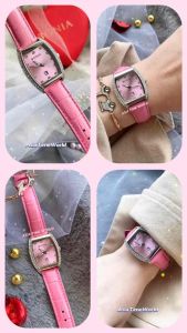[Original] BNB10773-2377S Bonia Elegance Rectangle Womens Watch with Pink Dial and Pink Genuine Leather Strap | Official Warranty