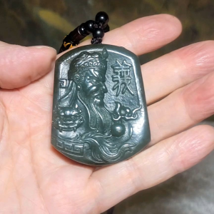 Premium Nephrite light blue green caramel brown Guan Gong (Guan Yu) Pi Xiu Good Luck pendant (with certificate)