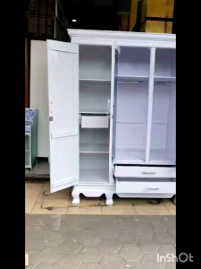 Lemari Pakaian Kayu Jati 4 Pintu Laci 2 Rak 2 Gantung Duco Putih/trinityjayafurniture