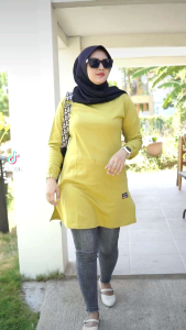 TUNIK MOTIF HC 01B√ ATASAN POLOS TANGAN PANJANG OBLONG TANPA KARET BAHAN COTTON KOMBET 20S