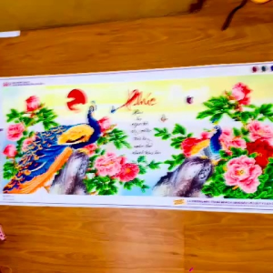 [THÀNH PHẨM] Tranh Đính Đá Chữ PHÚC - Chim Công & Hoa Mẫu Đơn (110x50cm) - Sang Trọng & Ý Nghĩa