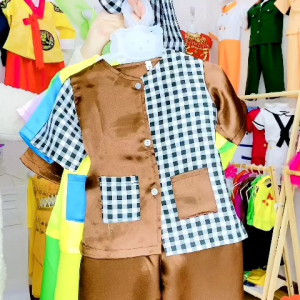 [10-35kg TẶNG Khăn Rằn] Bộ Áo Bà Ba Cho Bé Màu Nâu Phối Vàng Vải Phi Lụa Mềm Mại Óng Ả. Bộ Nông Dân Trẻ Em