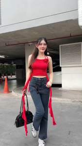 Punny jaensกางเกงยีนส์ขาม้าเล็กแปะกระเป๋าหน้าสวยๆ ผ้ายืด เอวสูง มี3สีไซด์S-40