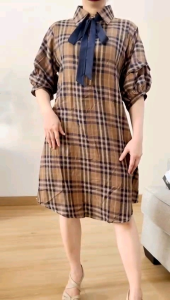 ECLAIRE 003: Dress Mini Selutut Lengan Pendek Shortsleeves Kerah Kemeja Katun Motif Kotak-kotak Geometris Square Kasual Kerja Kasual Casual Basic Mode Import ixia
