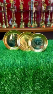 SaravanaBhava Star Murugar Pooja Plate Premium Brass Golden Finish 5.5 x 5.5 Inches Engraved Yantra Design for Diya Lighting and Daily WorshipMedium Size