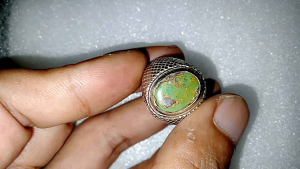 Batu Pirus Persia Hijau Daun Urat Emas Ring Alpaka Size 9 US Siap Pakai