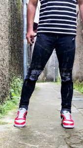 Celana Jeans Sobek Premium Bikers Garis Stretch Melar Denim Tebal Slimfit Skinny Size 28-33