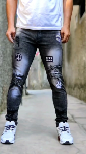 Celana Jeans Sobek Pria Panjang Emblem Stretch Denim Melar Tebal Slimfit Skinny Size 28-33