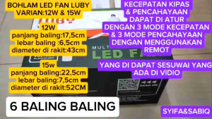 KIPAS GANTUNG REMOT 6 BALING PLUS BOHLAM LED / LED FAN LUBY 12W-15W