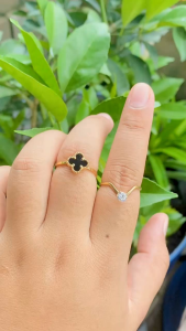 RinaXp- Cincin Clover 2in1 Set Cincin dapat 2pcs Cincin Bunga Hitam dan Cincin Lengkung Mata Satu Simpel Titanium Terbaru Anti Karat