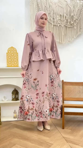 Gamis Lebaran Printing Motif Bunga LD 110-120cm Bahan Maebella Lengan Balon Karet
