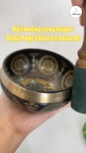 [Amrita] Bộ chuông mõ tụng kinh - thiền định cao cấp Nepal Khắc hoa văn Phật Thích Ca Mâu Ni - và hoa Mandala - CXNP1