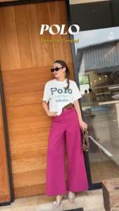 เสื้อยืดทรงสวย พิมพ์อักษรสไตล์วินเทจ P o Lo Paris1986 ช่วงคอและปลายแขนแต่งสะกิดรุ่ยๆ ลุคstreet chic Tage::Mirror Sister