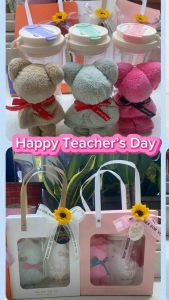 [SG Stocks] Teacher’s Day Gift set-Flower Printed Portable Water Cup/Straw Water Bottle+Bear Towel with Gift Box