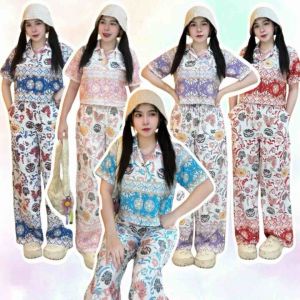 20555 Set 2 ชิ้น เสื้อเชิ้ตแขนสั้น ผ้า พิมพ์ลาย แบบครอป + กางเกงขากระบอกยาว