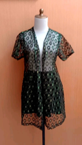 atasan cardigan wanita hitam gold L cewek MEWAH lengan pendek transparan cute outer
