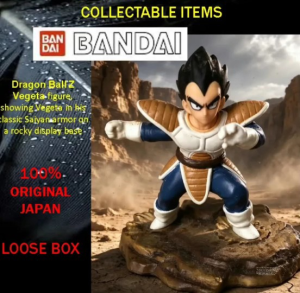 Bandai Dragon Ball Z Vegeta figure in classic Saiyan armor on rocky display base. 100% original Japan loose box.