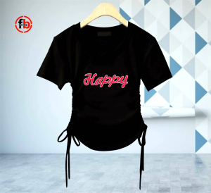 Crop Top Anak Korea Model Happy Young: Desain Serutan Kekinian & Bahan Kualitas Tinggi